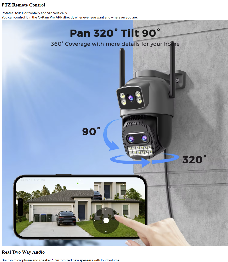 Outdoor Dual Screen IP Camera, 15MP, WiFi, PTZ,10X Digital Zoom,4K,Human Detection, Security Camera, Surveillance, O-Kam Pro App