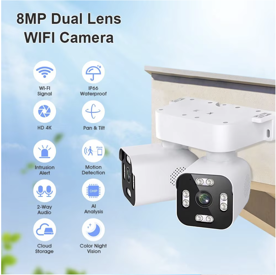 AIOOK Security Camera Outdoor Waterproof Dual Lens HD 8MP 4K 10X Zoom WiFi CCTV Night Vision Two-Way Intercom PTZ Remote Viewing