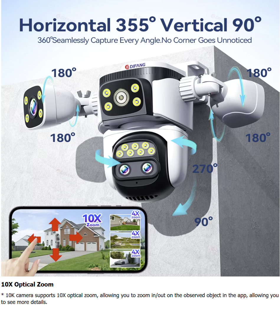 10K Outdoor 10X Optics Zoom WiFi6 Camera 20MP Four Screen Four Lens PTZ Automatic Tracking 6K Dual Lens Waterproof Security CCTV