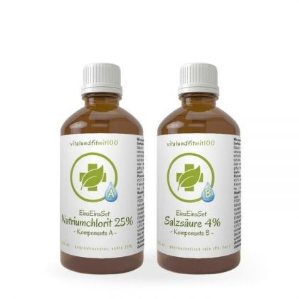 100 мл натриев хлорит + 100 мл 4% солна киселина в кафяви стъклени бутилки